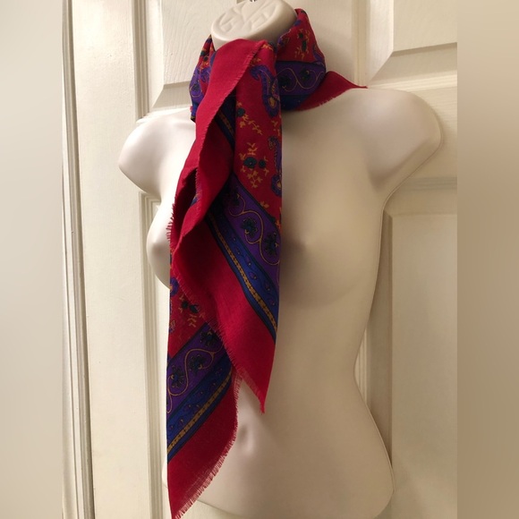 Vintage Baar Beards 100% Wool Paisley Women's Red Square Scarf Abstract Floral - Picture 3 of 9